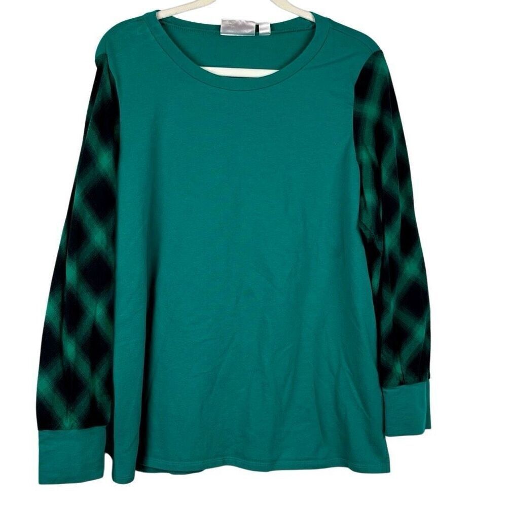 Belle Kim Gravel French Terry Sweatshirt with Plaid Flannel Sleeves Large